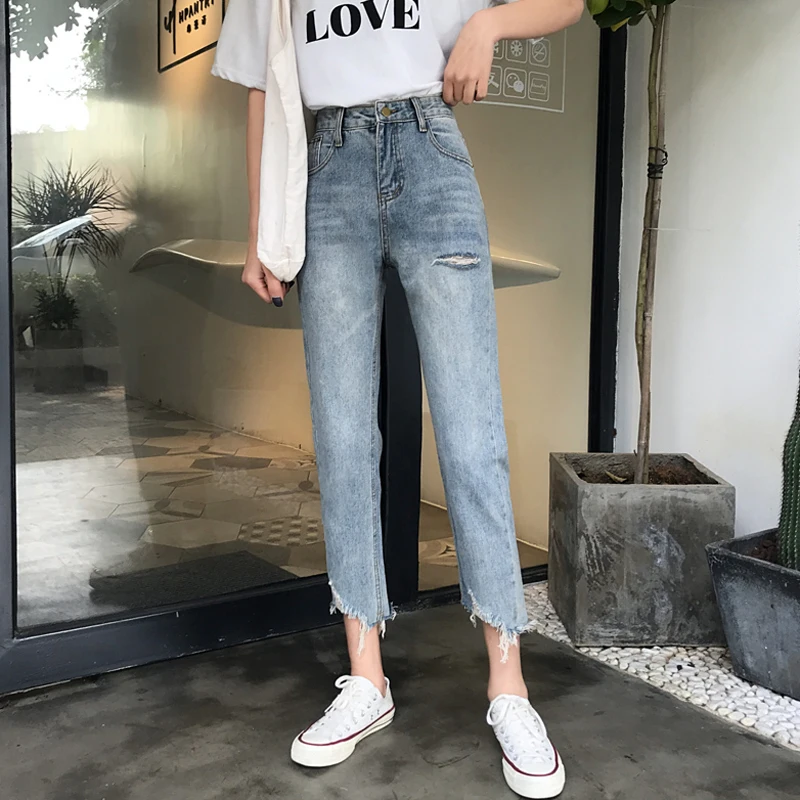 Mihoshop корейский ольджан Корея для женщин модная одежда Высокая талия Нерегулярные отверстие прямые джинсы брюки для девочек