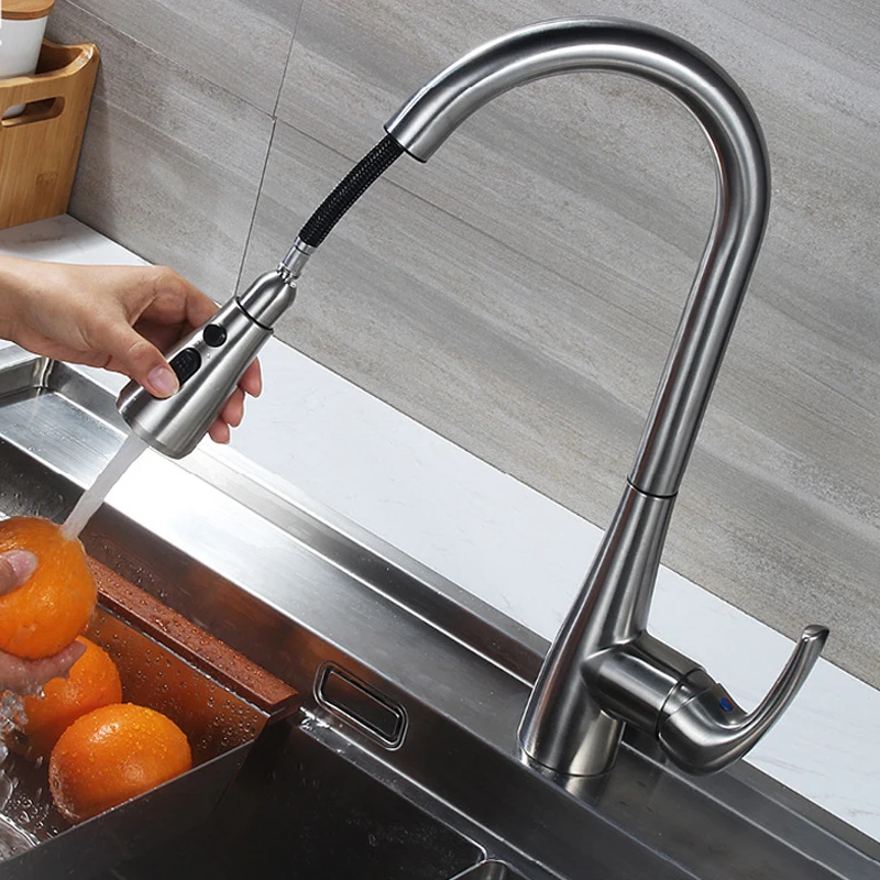 

Pull Out Kitchen Faucets Deck Mounted 304SUS Kitchen Sink Faucet Hot Cold Mixer Taps Brushed Water Tap Single Handle