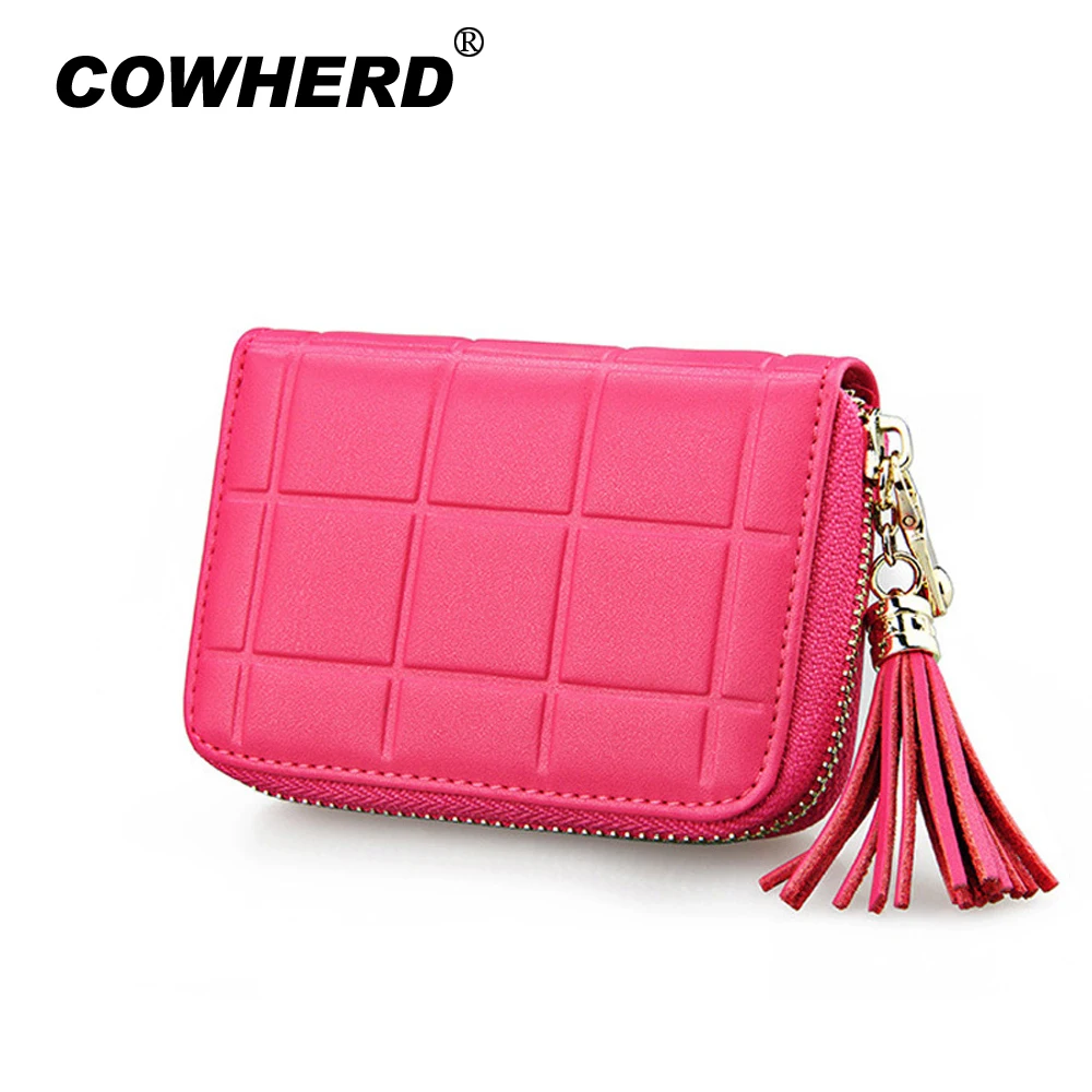 

Tassel Genuine Card Package Leather Short RFID Plaid Pattern Female Zipper Wallet Fashion Coin Purse Lady Purse Cute Small Purse