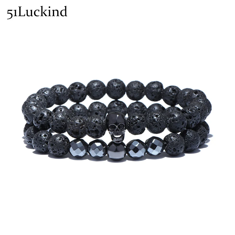 Мужской браслет с черепами черный в стиле панк|pulseira caveira|men charmsbracelet set |