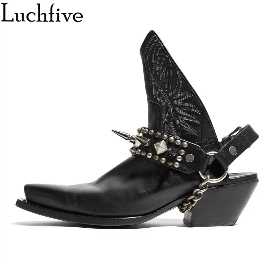 

Chain Buckle Rivets Boots Women Runway Design Sharp Rivets Half Shoe Wrist Shoes Woman Slingbacks Party Shoes Gladiator Boots