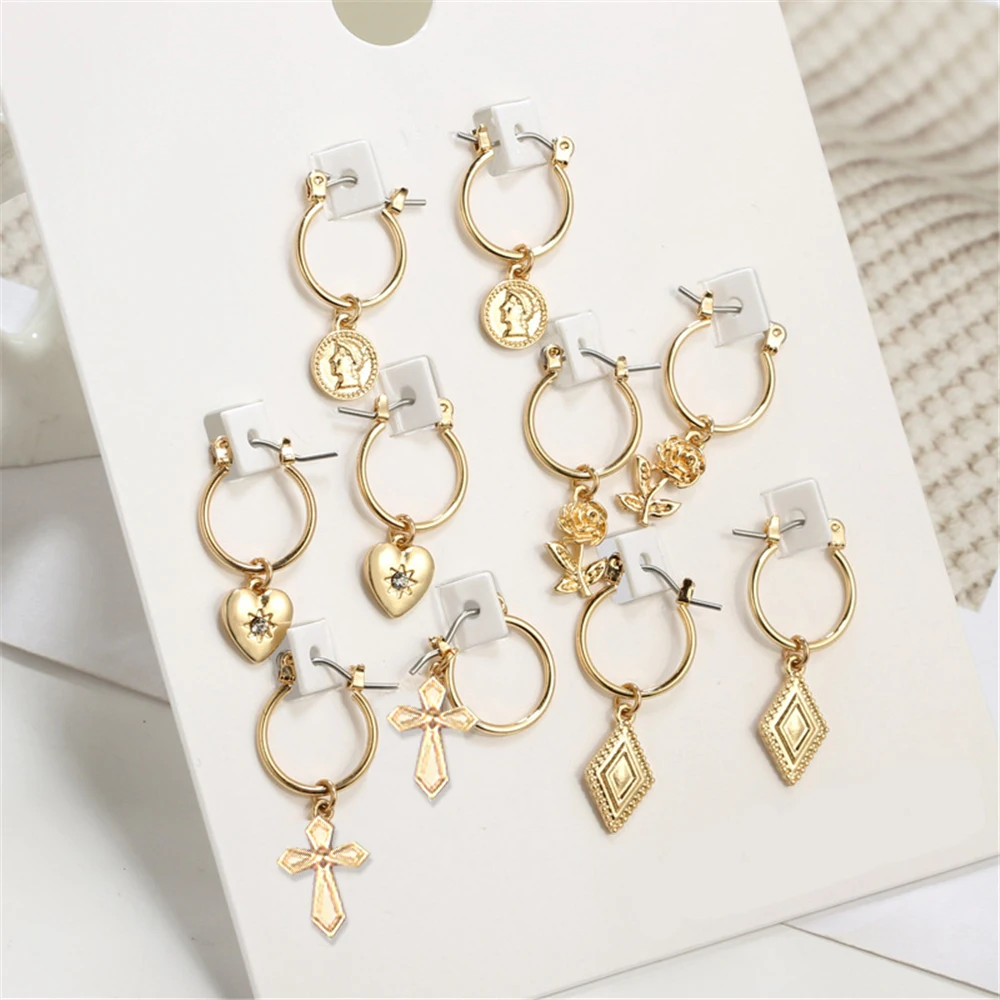 VIVILADY Fashion 5pairs Circle Round Hoop Earrings Women Gold Color Heart Queen Rose Crystal Hiphop Brincos Boho Jewelry Gifts - Image 4