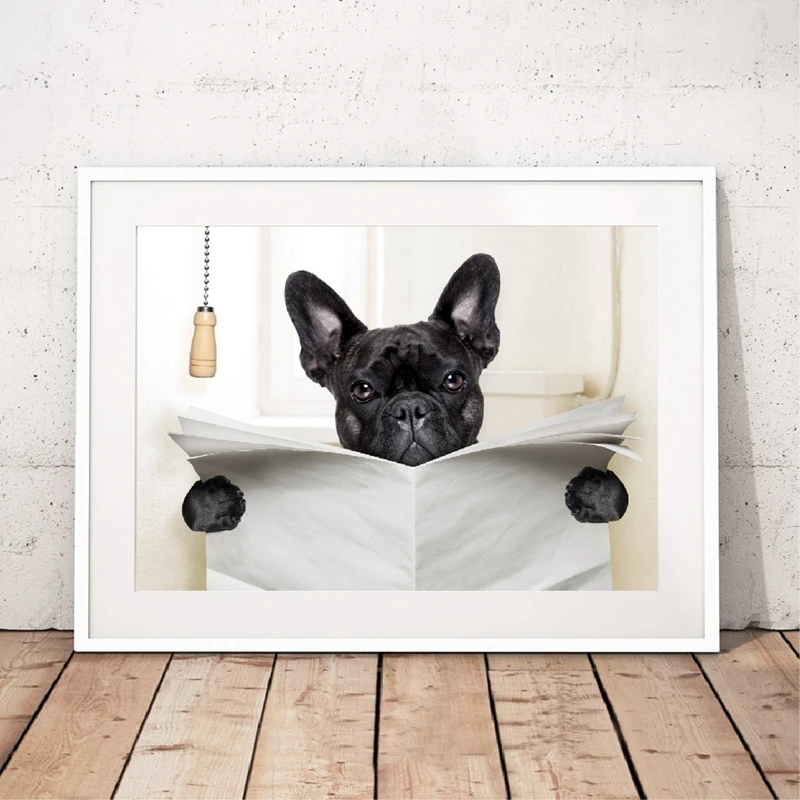 

Dog Reading Newspaper Toilet Wall Art Canvas Poster Prints Funny Dog Painting Wall Picture Home Bathroom Decor Dogs Lover Gift