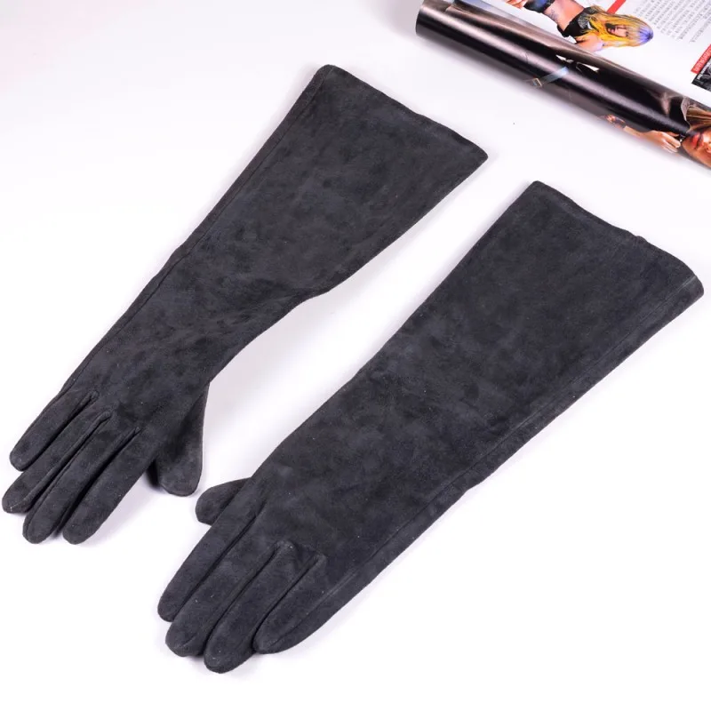 Зимние элегантные женские перчатки из натуральной кожи 40 см длинные перчатки высокого качества из свиной кожи мягкие варежки из замши женские