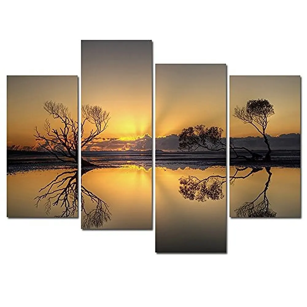 

5 Panels Framed Canvas Wall Art Yellow Sunset Seaview Pictures Paint on Canvas Painting for Home Kitchen Decorative XJ1-300-57