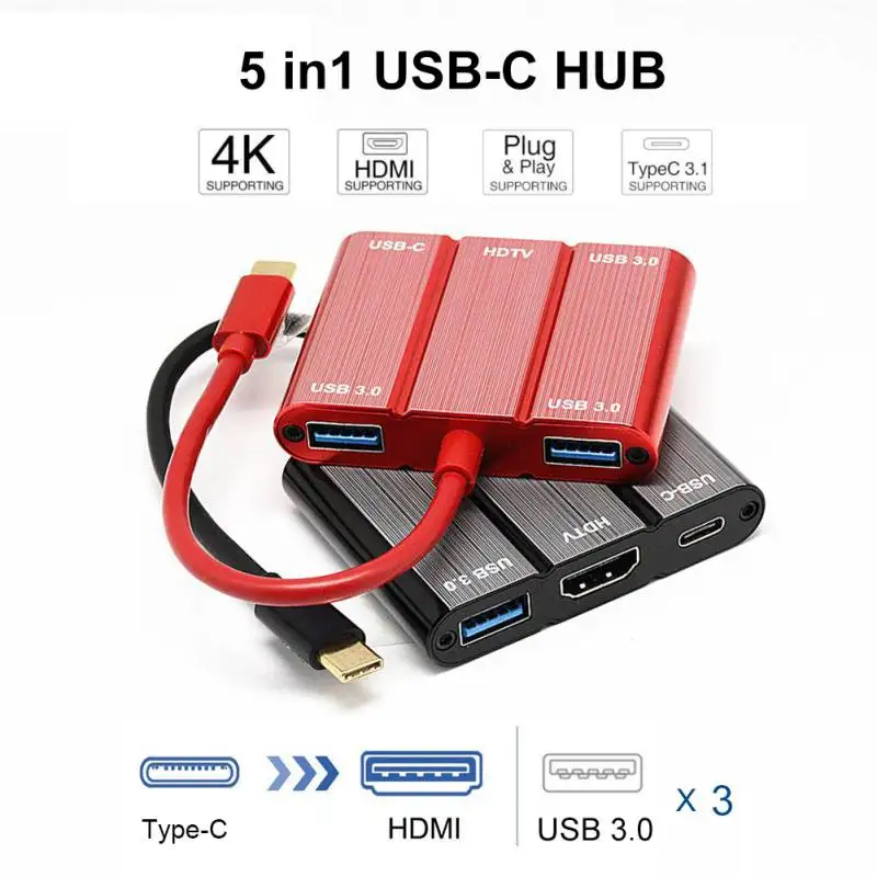5-в-1 USB-C HUB адаптер USB 3 1 Тип с разъемами типа C и HDMI + * USB3.0 PD Зарядное устройство 4 K