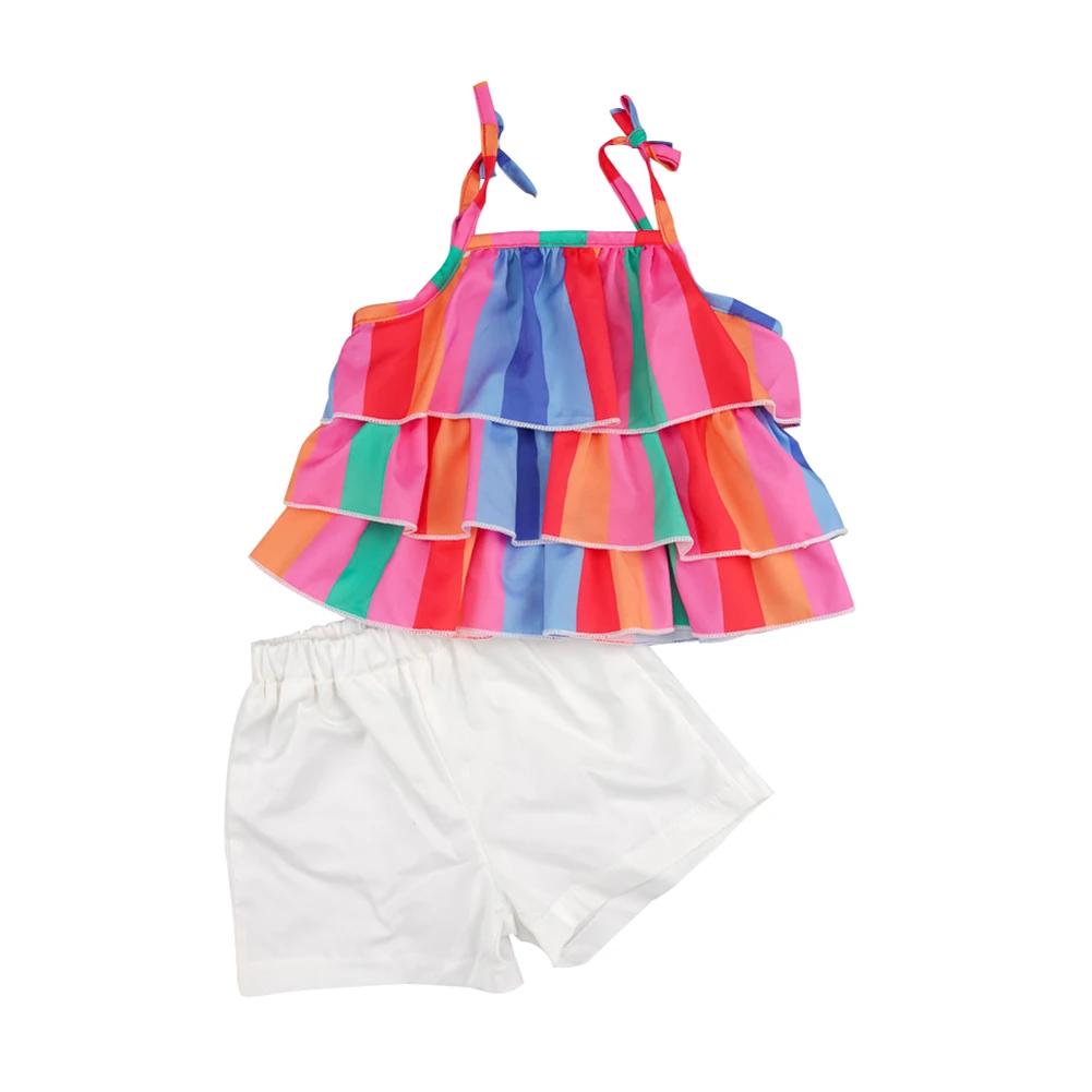 Baby Clothes Toddler Girl Set Polyester Rainbow Stripes Vest Body Suit Camisole+Short Pant Trousers Casual 2pc Princess Kid Tutu | Детская