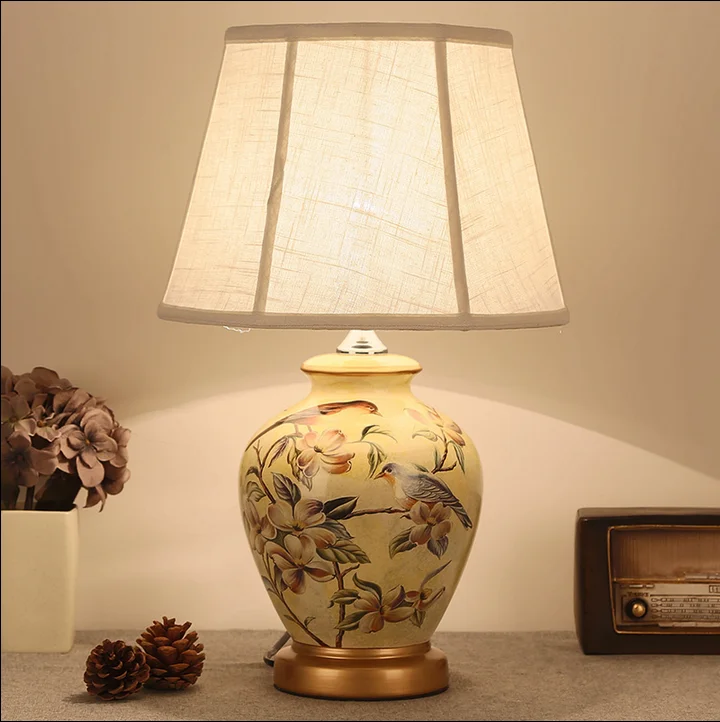 

Chinese rustic flower bird pattern ceramic art Table Lamps Fashion warm linen shade E27 LED lamp for bedside&foyer&studio MF019