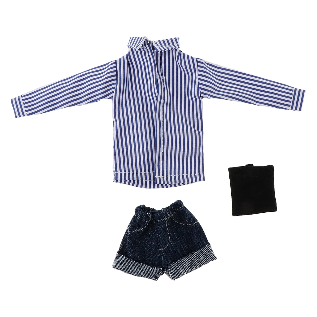 Handmade Cute Doll Clothes Suit Striped Shirt Short Pants Bra Set for Blythe Doll 12inch Doll Outfits Blue
