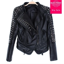 Весенняя и осенняя женская короткая куртка из искусственной кожи в стиле панк с заклепками, тонкая мотоциклетная кожаная куртка wj250