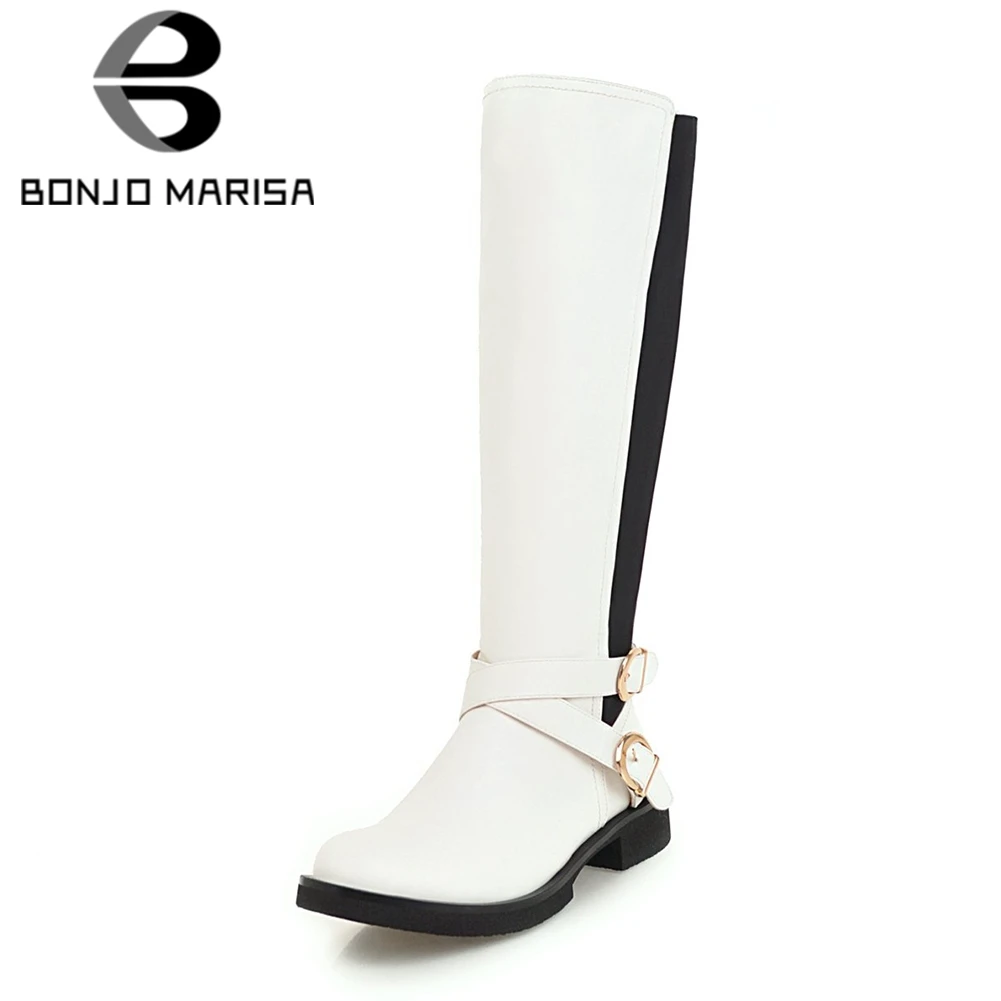 

BONJOMARISA 2019 Winter Plus Size 33-46 Brand Western mixed-color Women mid-calf Riding Boots Women Casual Low Heels Shoes Woman