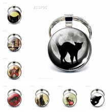 LLavero de gato negro Luna Llena joyería cabujón de cristal gótico amante de los gatos llavero con escoba bruja gatito Vintage llavero de regalo