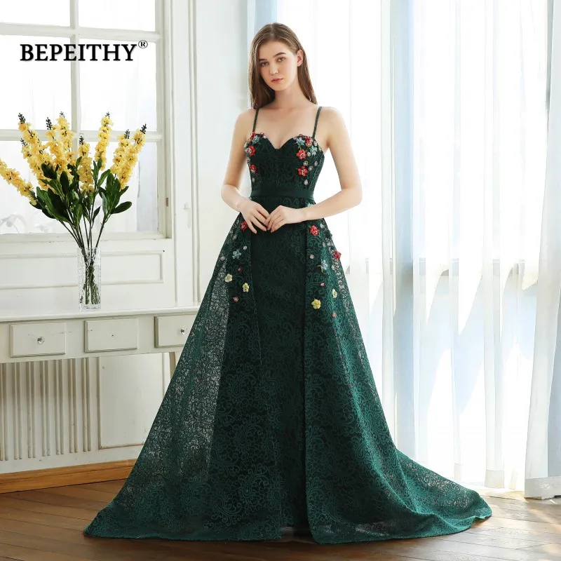 

BEPEITHY Green Lace Long Prom Dresses Spaghetti Straps With Flowers 2019 Vestido De Festa Evening Dress Party Gown Hot Sale