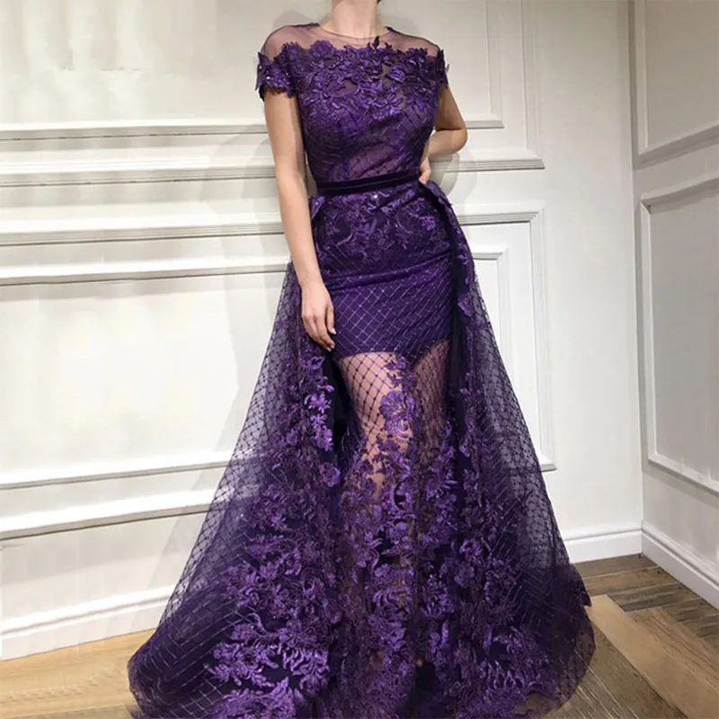 

Purple Muslim Evening Dresses 2019 Mermaid Cap Sleeves Tulle Lace Long Islamic Dubai Saudi Arabic Long Formal Evening Gown