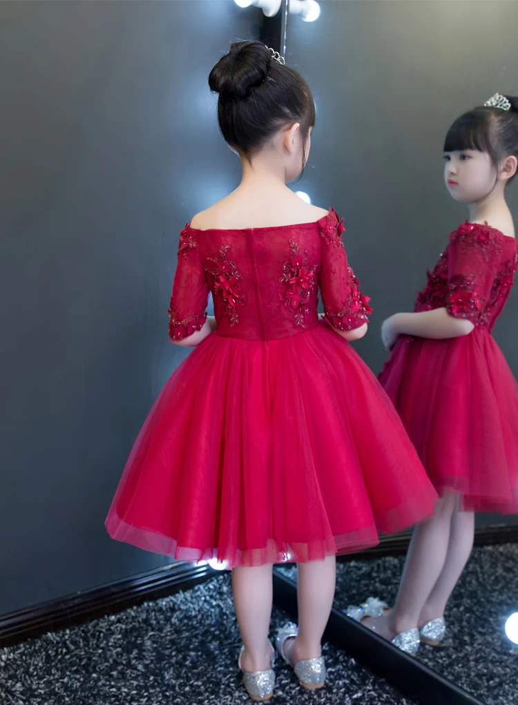 Коллекция года, красное платье из тюля с открытыми плечами и цветочным узором для девочек, свадебная аппликация, нарядное платье для девочек на день рождения бальное платье принцессы