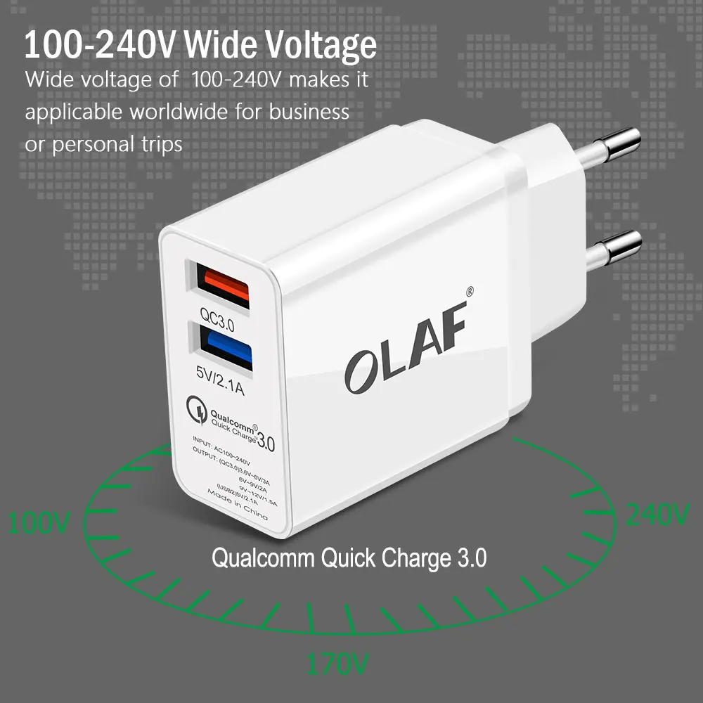 Зарядное устройство OLAF с двумя портами USB, 30 Вт, быстрая зарядка 3,0, зарядное устройство для мобильного телефона, для путешествий, штепсельная вилка европейского стандарта, настенный адаптер, магнитный кабель Micro USB