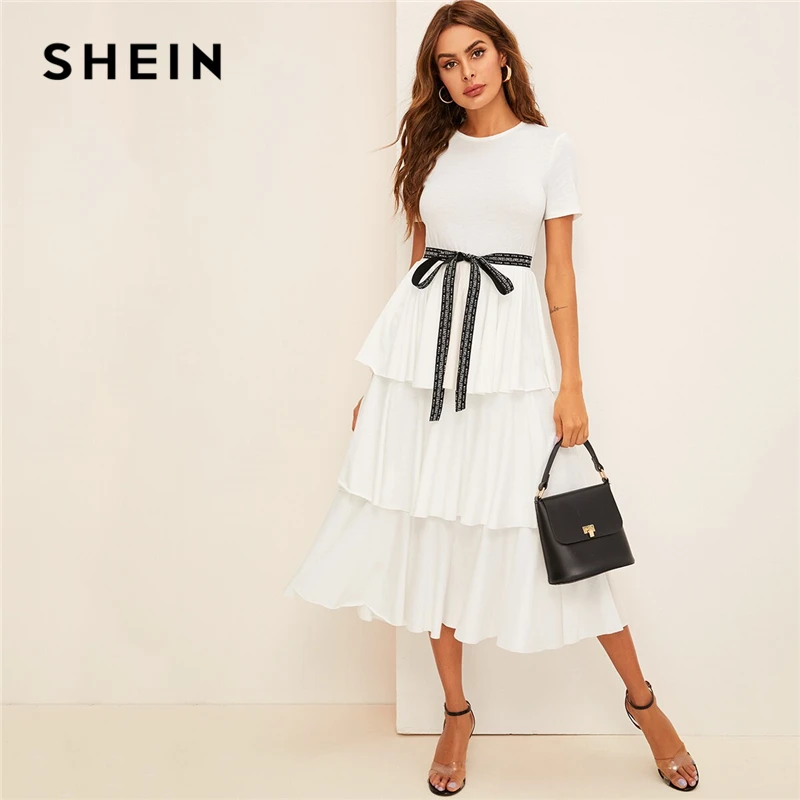 

SHEIN Elegant Contrast Tie Waist Layered Ruffle High Waist Long Dress Women Summer Solid Office Lady A Line Party Dresses