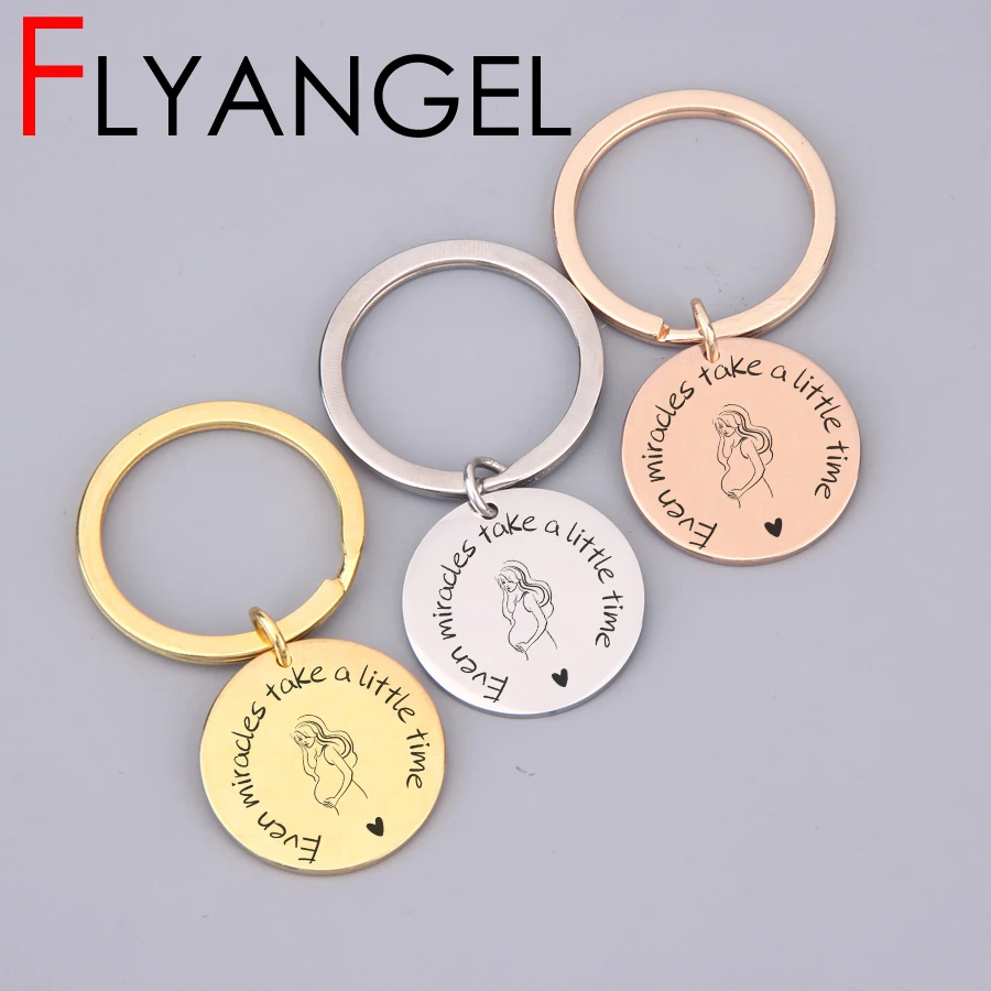 

Chic Pregnant Mom Stick Figure Key Chains Lettering Even Miracle Takes A Little Time Keyring Family Souvenir Keys Holder Jewelry