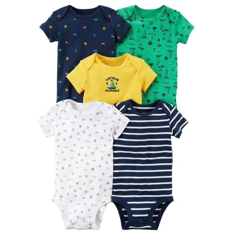 

2018 Summer Baby Rompers 5pcs Short Sleeve Overalls Cartoon Print Baby Boy Clothes Newborn Girl Jumpsuit Stripe Clothing New