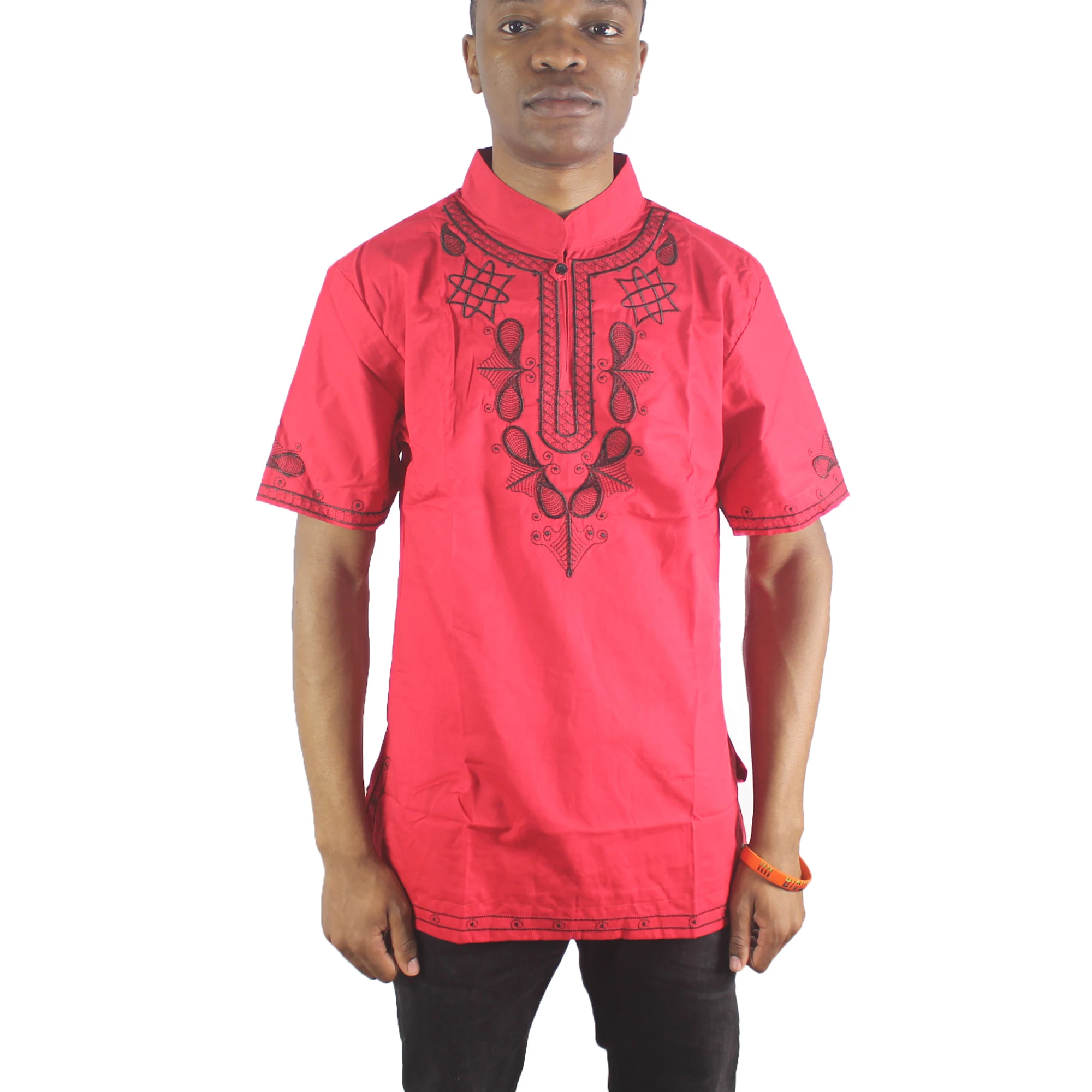 

Red Butterfly Embroidery Men`s African Tops Short Sleeved Side Slit Male Formal Ethnic Shirts for Summer Wearings
