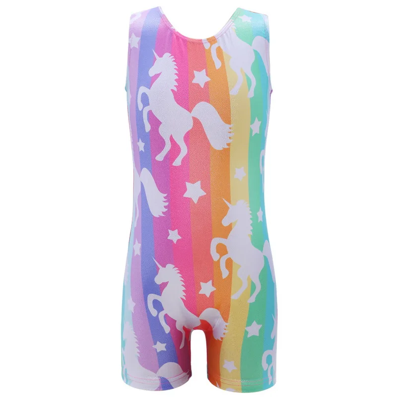 

Girls Leotards Gymnastics with Shorts Dance Wear Sleeveless Biketards Cute Unicorn Pink Purple Rainbow Ballet Athletic Leotards