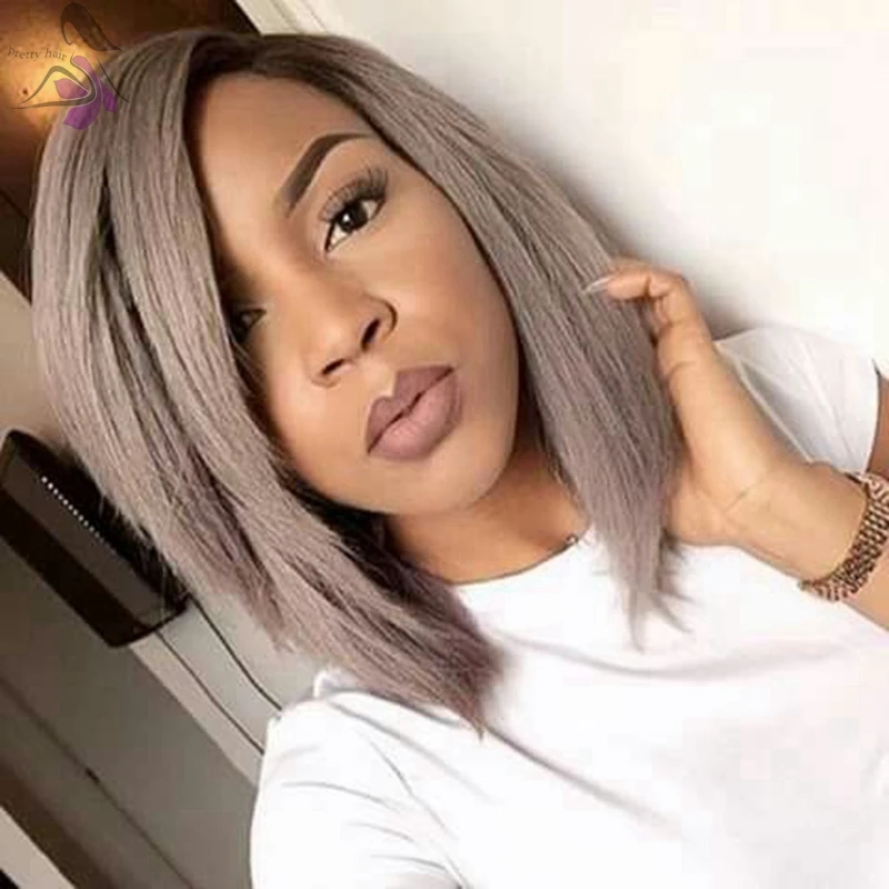 1inch Dark Root Ombre Black Silver Grey Lace Front Wig Short Bob