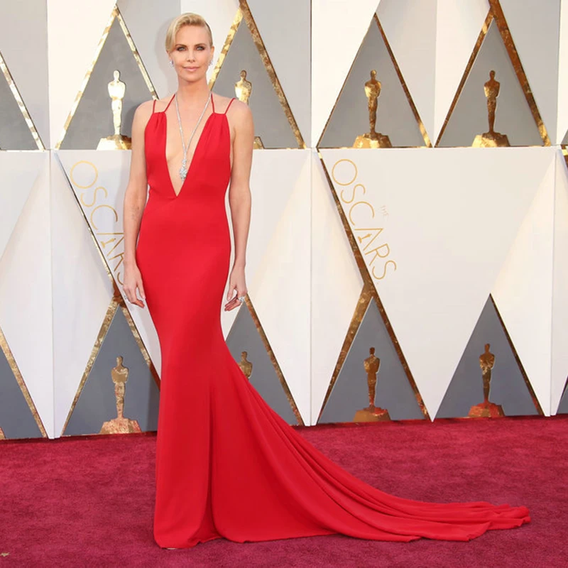 

88th Oscars Academy Awards 2019 Charlize Theron Celebrity Dresses with Deep V Neckline Mermaid Red Carpet Dress for Party