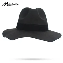 Женская джазовая фетровая шляпа с широкими полями, Повседневная Черная мягкая женская винтажная фетровая шляпа-котелок из полиэстера, флоппи-Клош, мужские Гангстерские шляпы