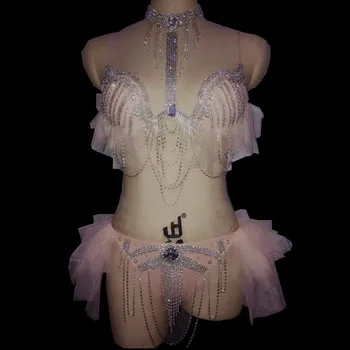 

Pink 2-piece Set Nightclub Women's Sexy Costumes Rhinestones Bra Tassel Short Prom Party Stage Wear Dance Show Sexy Outfit DJ DS