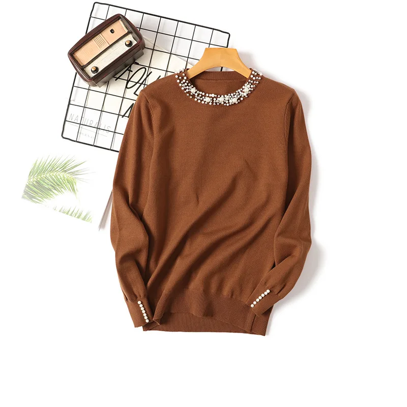 Autumn Winter Women Beaded Sweater 2019 O-Neck elegant sweater Jumper Top Loose Casual Warm Femme Sweater knitting bottom shirt Autumn Winter Women Beaded Sweater 2019 O-Neck elegant sweater Jumper Top Loose Casual Warm Femme Sweater knitting bottom shirt
