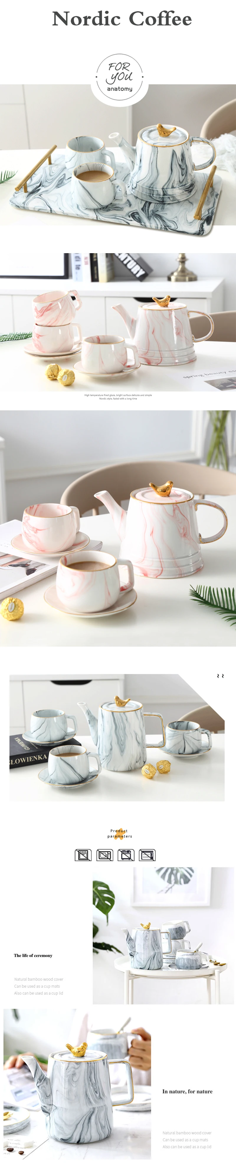 Набор керамических столовых приборов чайный горшок чайная кружка и блюдце Vajilla чайная чашка мраморная чашка Двойная золотая ручка поднос для еды ужин чайная чашка