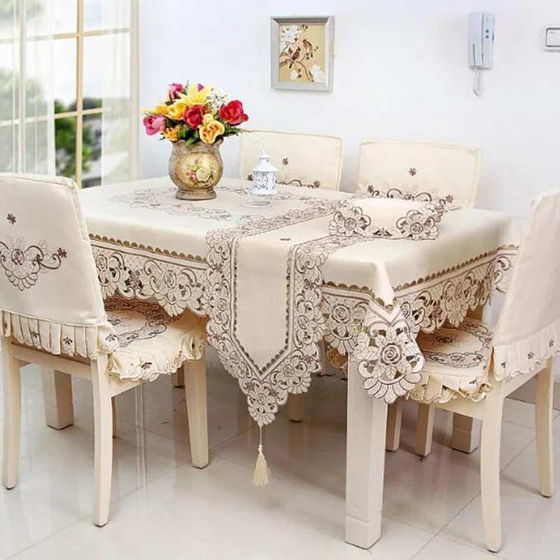  Satin Fabric Tablecloth Rectangle Elegant Hollow Embroidered Floral Thick Table cloth Wedding Party