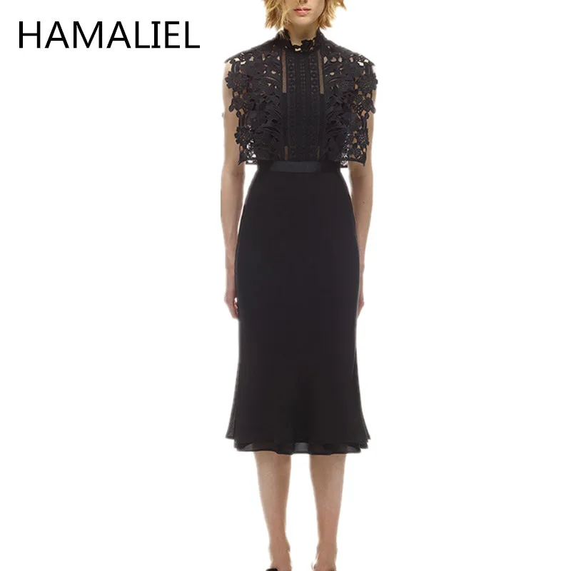 

HAMALIEL Sleeveless Self Portrait Women Mermaid Dress 2018 Runway Black Patchwork Lace Hollow Out Bodycon Stand Collar Dress