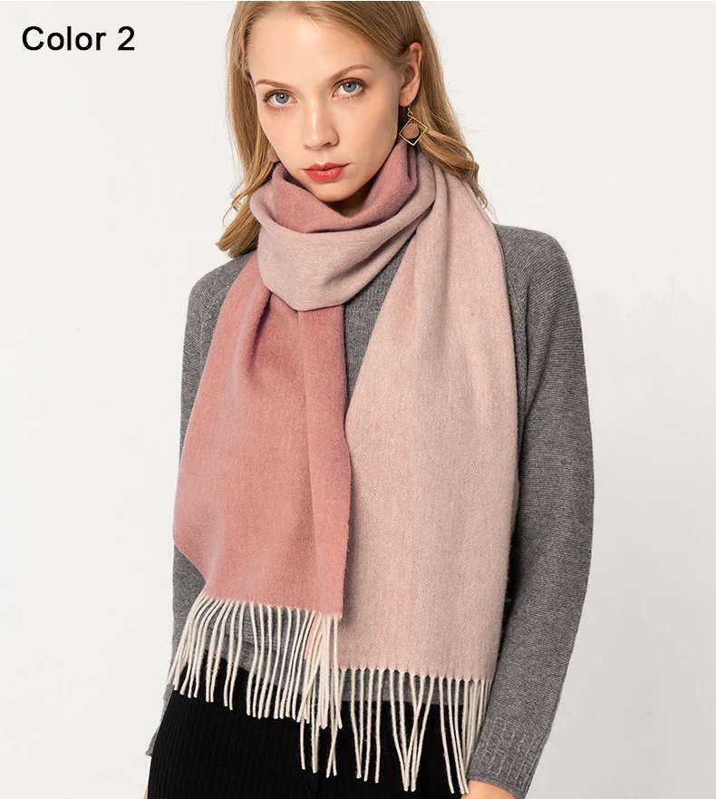 Женский шарф из овечьей шерсти, Осень-зима, модные теплые мягкие двухцветные шерстяные шарфы с кисточками для женщин