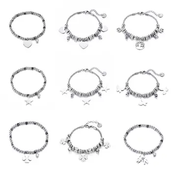 

Stainless Steel Multi Beads Crystal Bracelet Heart Star Figure Tree of Life Four Clover Charms Bracelet Women 2019 Steel Jewelry