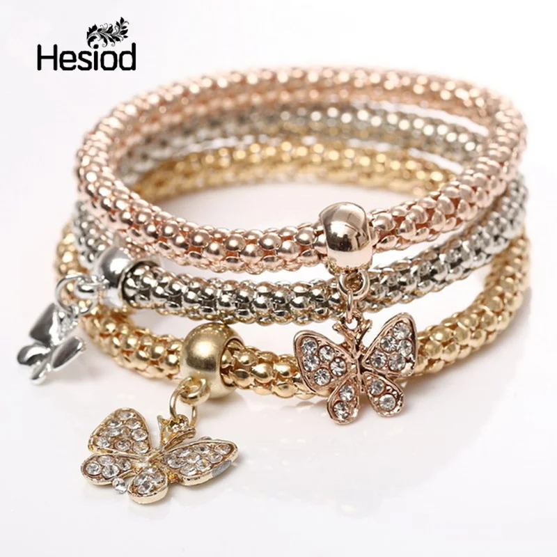 

Hesiod Gold Silver Color 3Pcs Charm Bracelets For Women Butterfly Heart Music Note Flower Crown Pendant Bracelet Multilayer