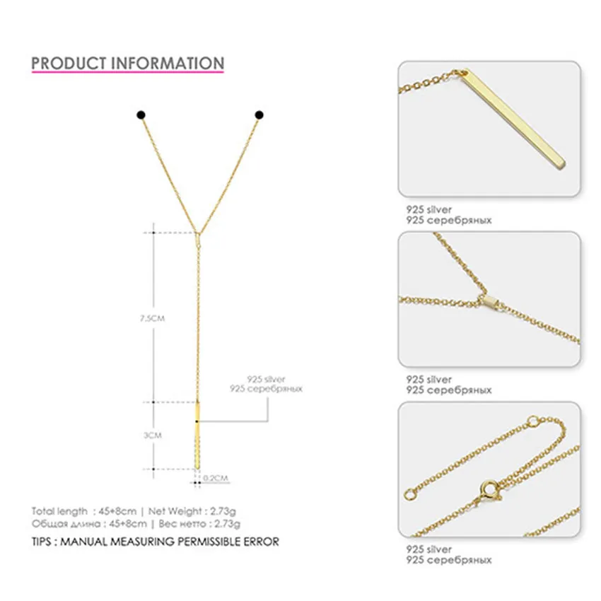 Laramoi, 925 пробы, серебряная подвеска, Лариат, чокер, корейский стиль, простой дизайн, ожерелье для женщин, девушек, девушек - Цвет камня: Gold