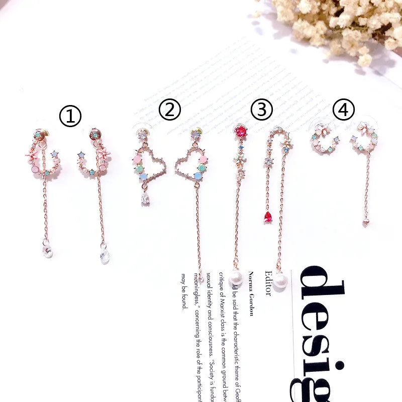 

Korean Earrings Opal Shiny Rhinestone Small Flowers Love Heart Asymmetrical Fresh Long Tassel Earrings Sweet Girl Jewelry EC1787