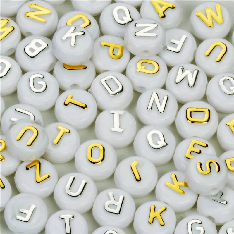 Gold Silver 10mm Alphabet Beads Acrylic Bead With Letters 100PCs White