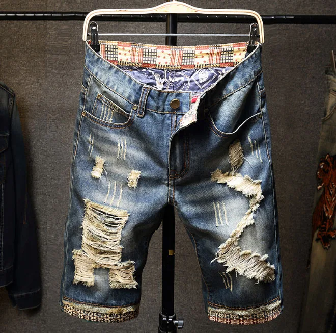 Летние Стиль известные Брендовые мужские шорты джинсы роскошные мужские джинсы молния лоскутное тонкий синий джинсовые шорты с