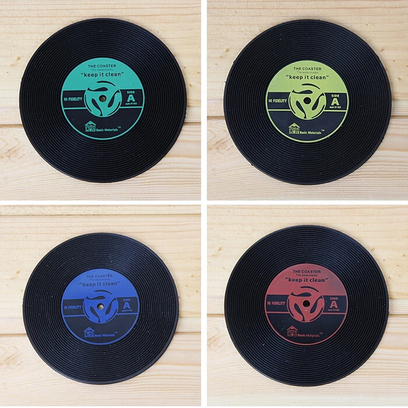 New 4pcs Vintage Vinyl Record Coasters Cup Pad Table Bar Drinks Mat Silicone