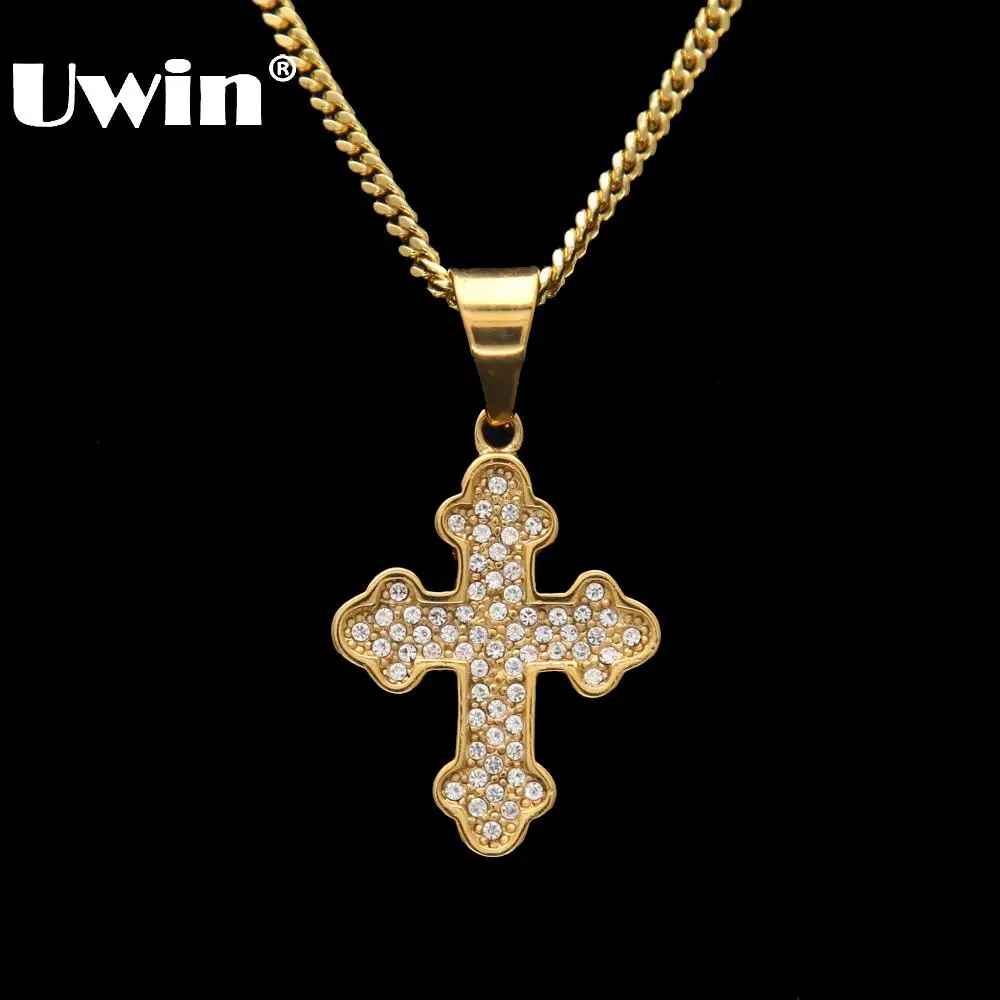 

Uwin New Style Gold Flower Cross Cuban Link Necklaces&Pendants Full Iced Out Rhinestones Stainless Steel Hiphop Fashion Jewelry