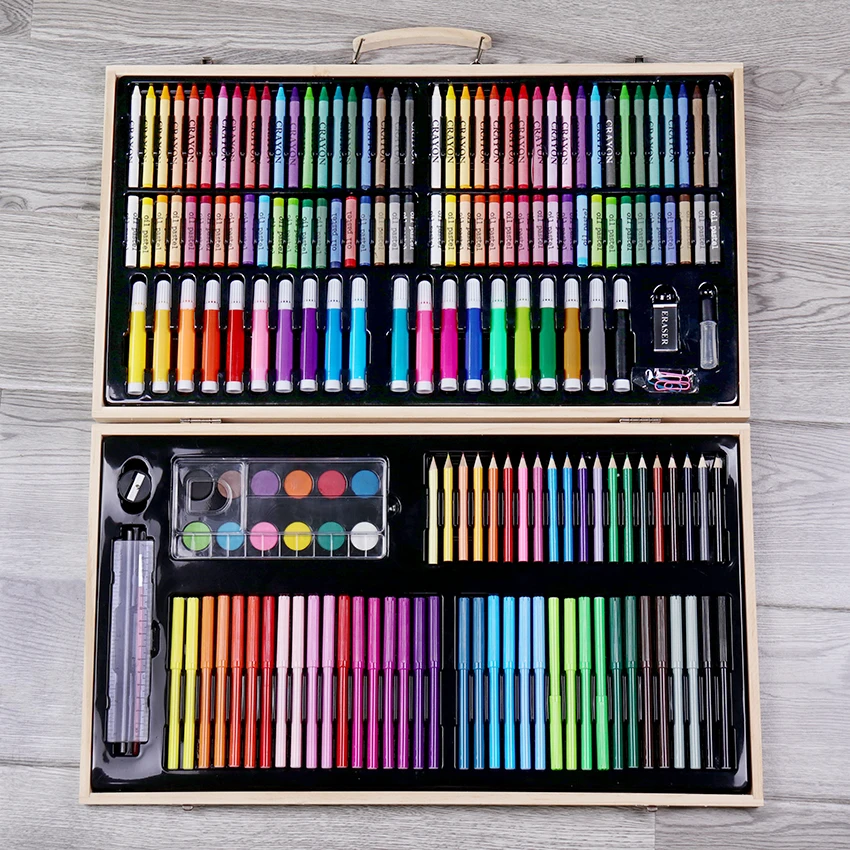 

180PCS/set Children Drawing Stationery Wooden Box Watercolor Pen Set Office Painting Brush Crayons for Kids Art Gift