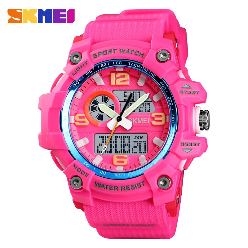 SKMEI новые спортивные часы Для женщин мода двойной Дисплей наручные часы Открытый 3 время женские часы Relógio Masculino 1436 - Цвет: Rose red watch