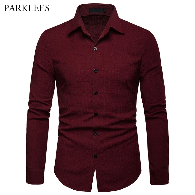 

Mens Plaid Jacquard Shirt Casual Long Sleeve Male Wine Red Check Dress Shirt Fitness Formal Business Plus Size Bottom Camisa XXL