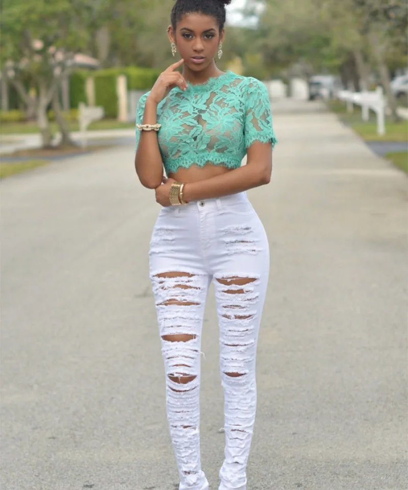 Новые дизайнерские женские джинсы с высокой талией, рваные джинсы для женщин, обтягивающие черные белые джинсы, женские эластичные облегающие джинсы для женщин 50 - Цвет: White