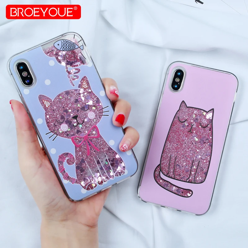 Жидкий чехол для iPhone X Liquid Love Heart Quicksand Glitter Star Dynamic Cover 5 SE 6 6S 7 8 Plus Fundas с милым котом |