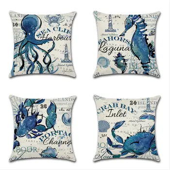 

Sea Horse Crab Printing Cushion Cover Marine Ocean Animals Pattern Octopus Pillowcase Bedroom Sofa Decor Throw Pillow Case Cover