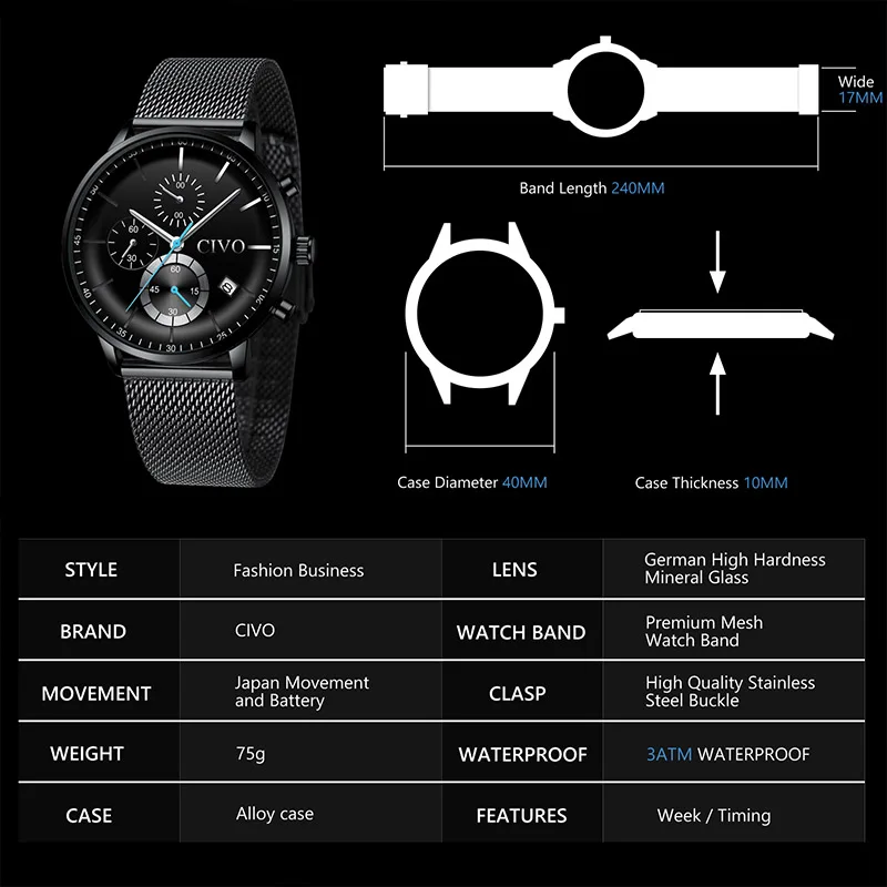 CIVO Mens Watches Top Brand Luxury Sport Military Wristwatch Men Waterproof Date Montre Homme 2019