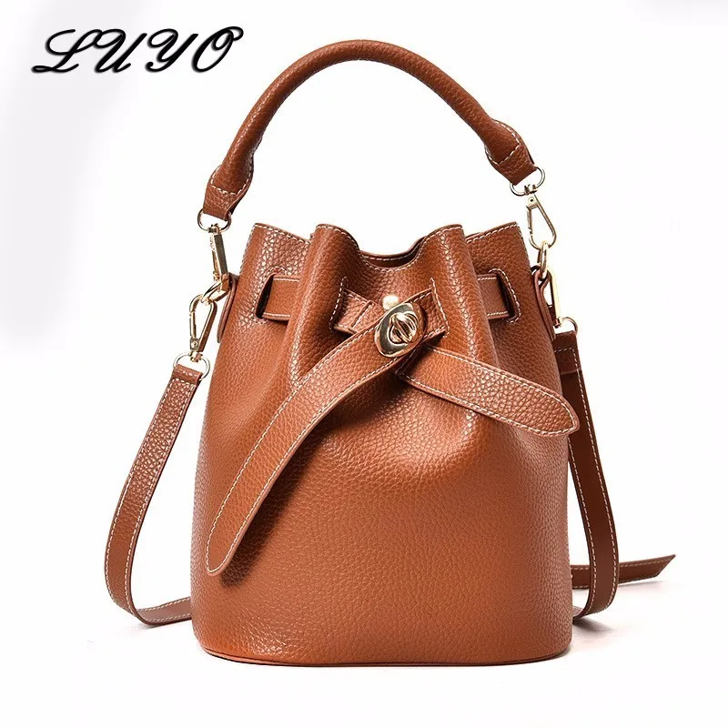 

LUYO Fashion Small Leather Bucket String Girls Shoulder Bag Female Messenger Crossbody Bags For Women Summer Cheap Brown Femmes